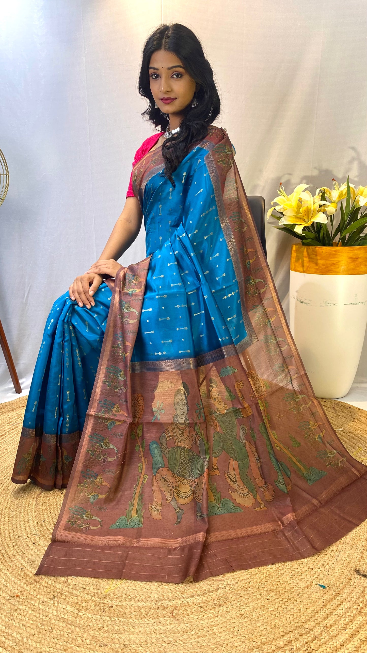 Firozi Chanderi Silk Sarees With Contrast Pallu & Border Printed With Contrast Blouse