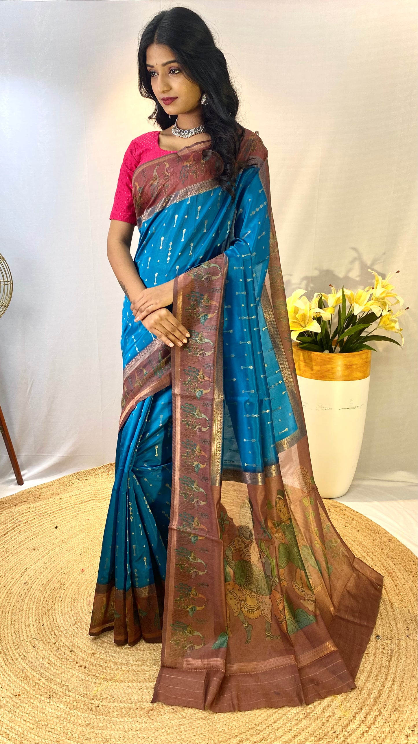 Firozi Chanderi Silk Sarees With Contrast Pallu & Border Printed With Contrast Blouse