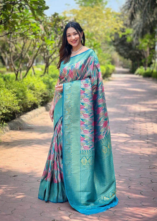 Firozi Blue Silk Weaving Traditional Saree