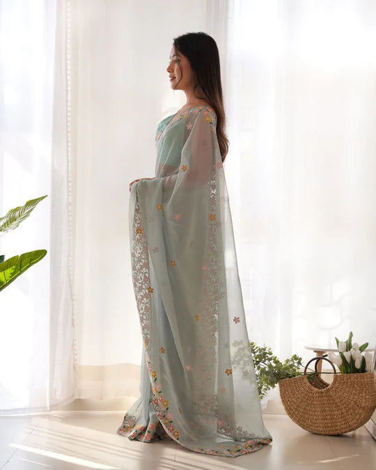 Floral Embroidered Elegance Thai Organza Silk Saree