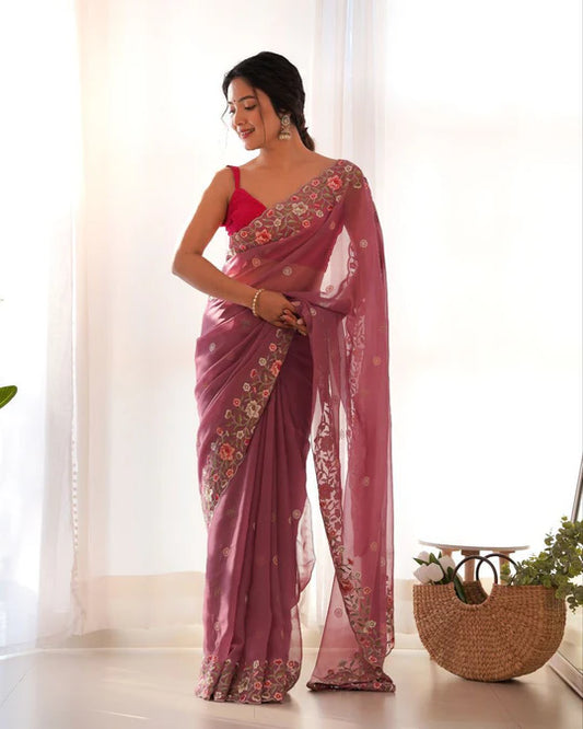 Floral Embroidered Elegance Thai Organza Silk Saree