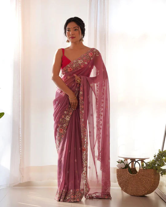 Floral Embroidered Elegance Thai Organza Silk Saree