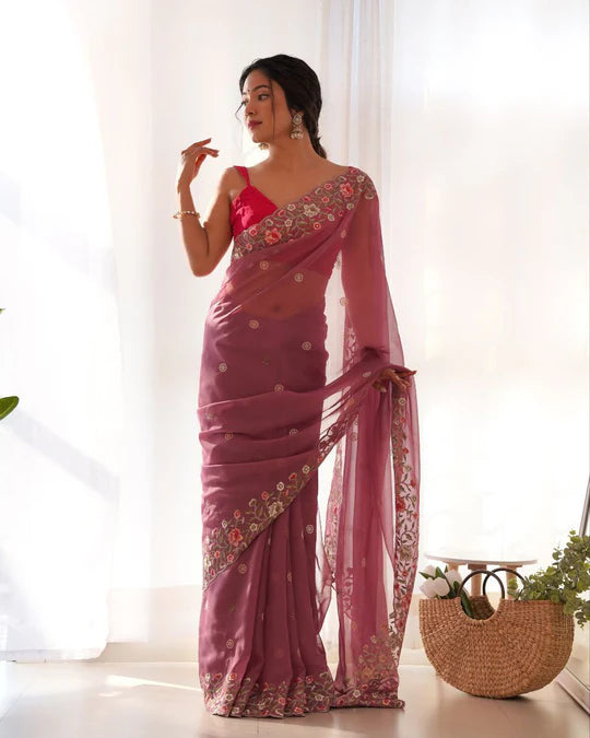 Floral Embroidered Elegance Thai Organza Silk Saree