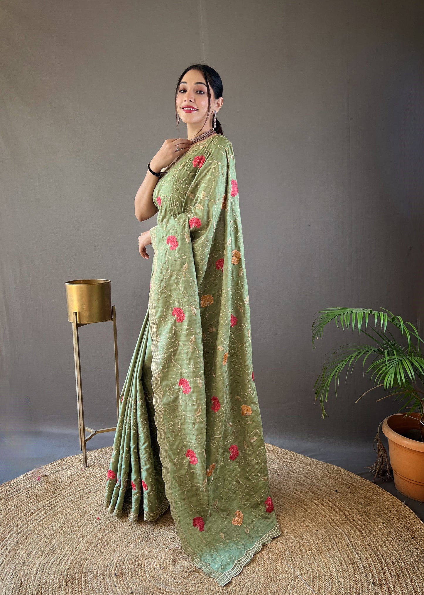 Green Embroidered Saree with Scalloped Border