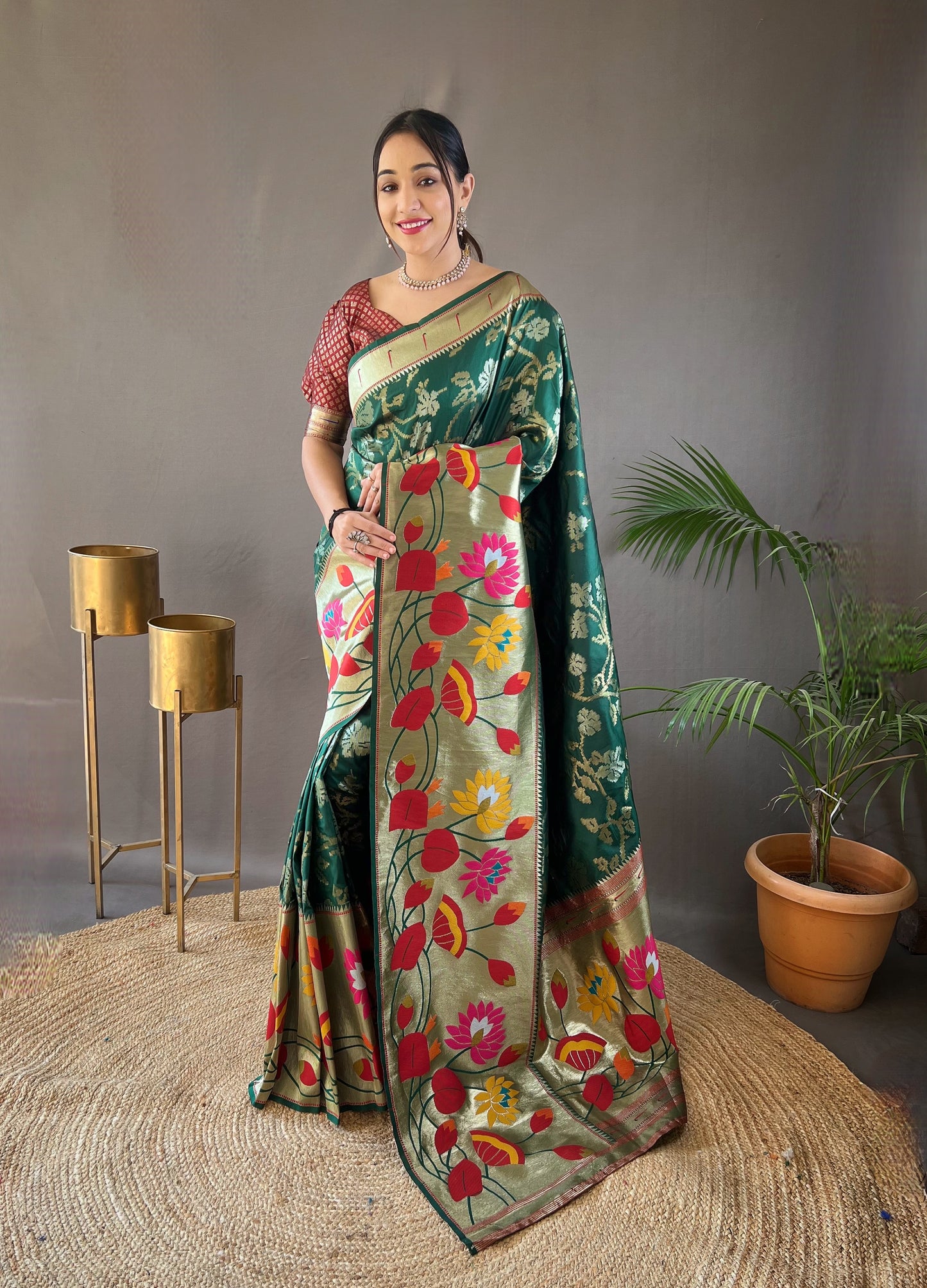 Green Woven Silk Saree Set