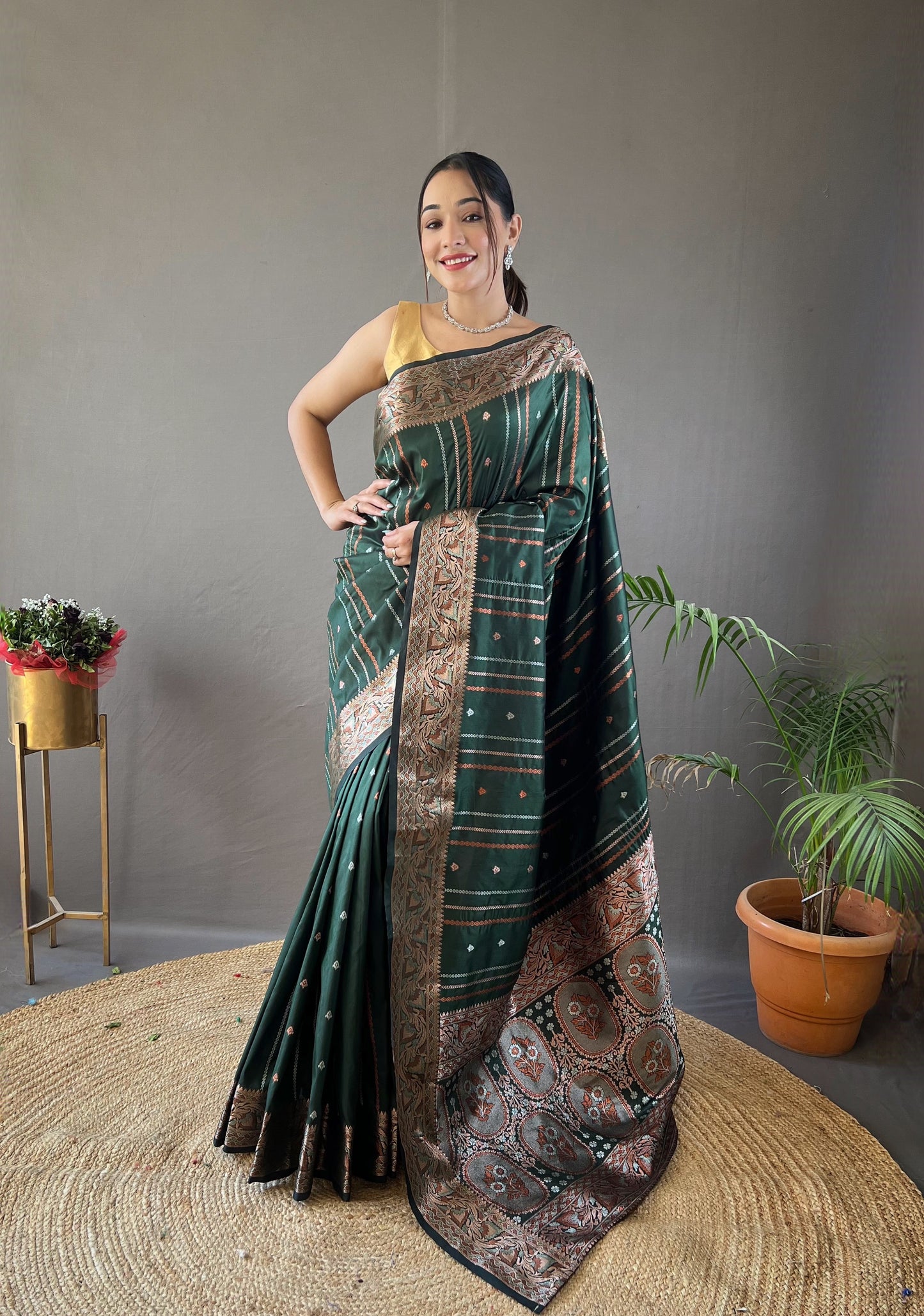 Amiable Dark Green Soft Banarasi Silk Saree With Serendipity Blouse Piece