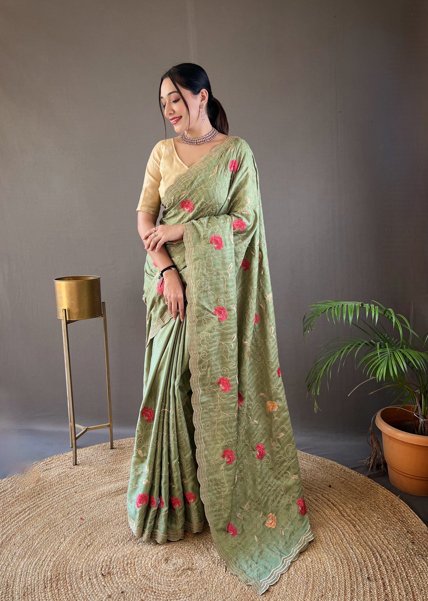 Green Embroidered Saree with Scalloped Border