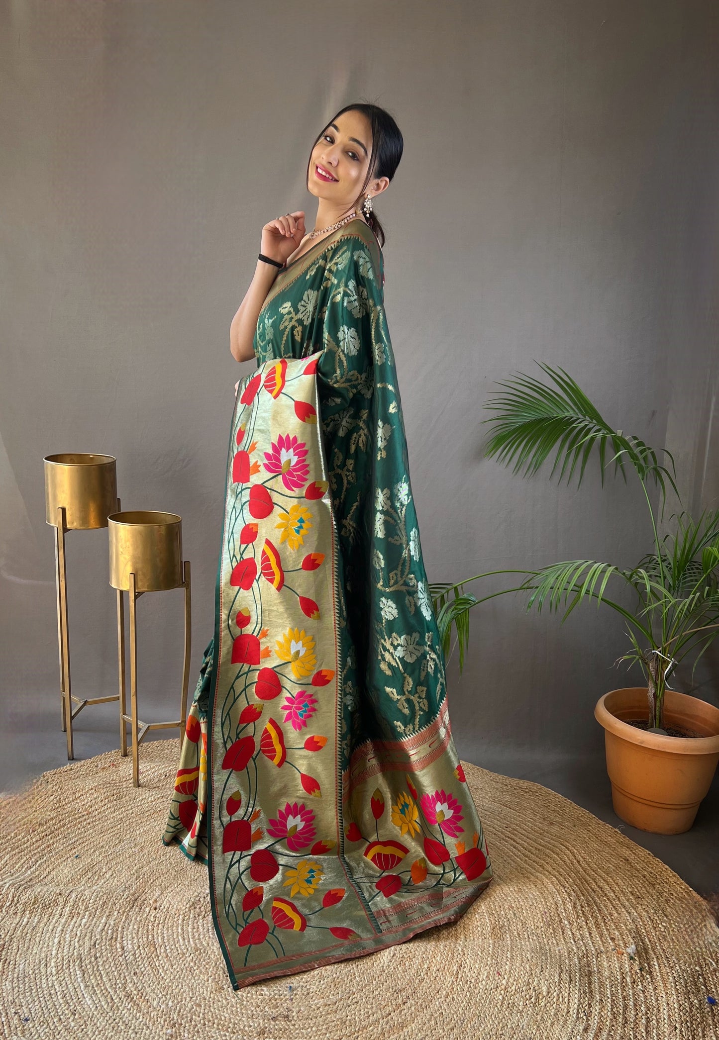 Green Woven Silk Saree Set