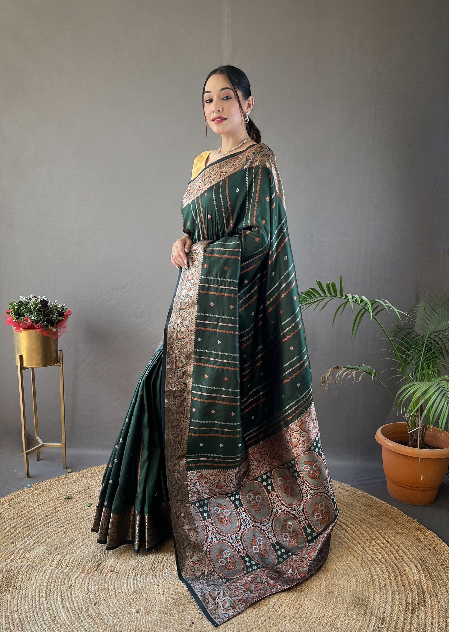 Amiable Dark Green Soft Banarasi Silk Saree With Serendipity Blouse Piece