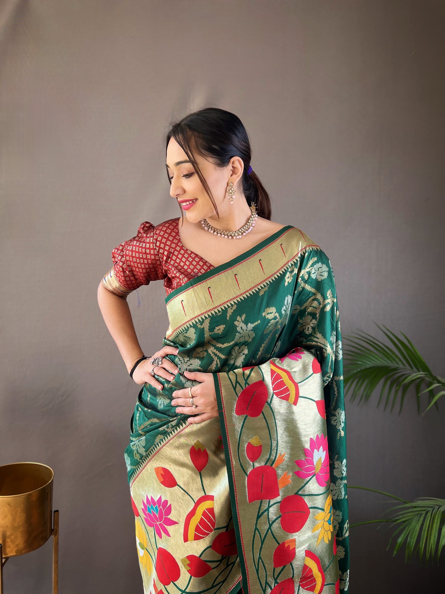 Green Woven Silk Saree Set