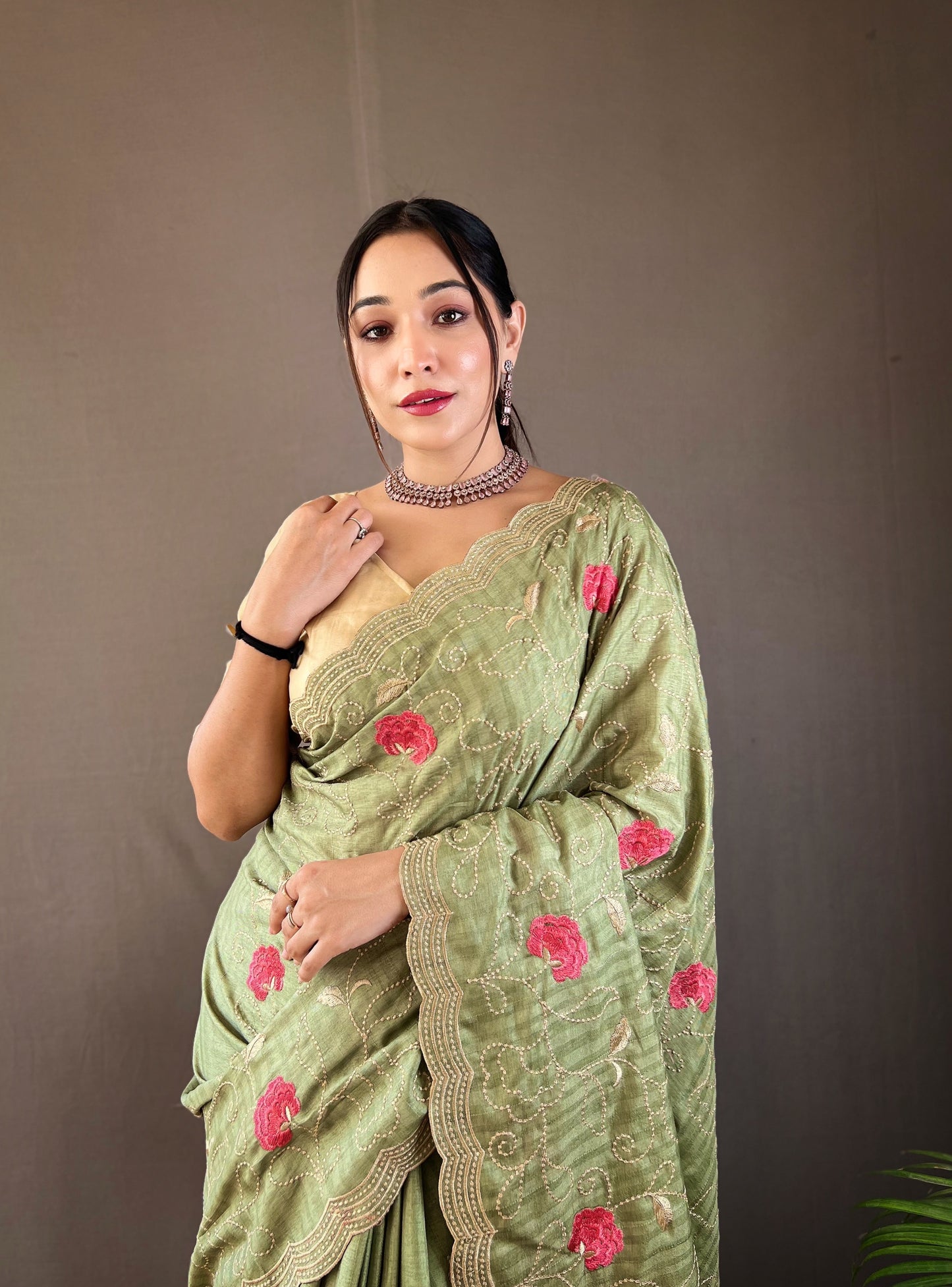 Green Embroidered Saree with Scalloped Border