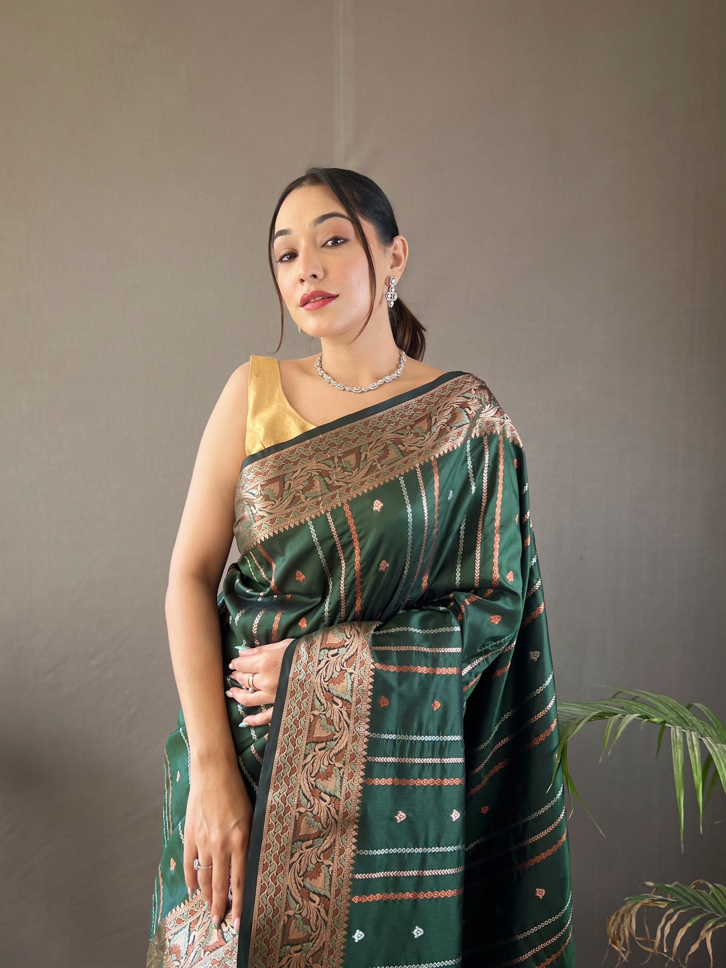 Amiable Dark Green Soft Banarasi Silk Saree With Serendipity Blouse Piece