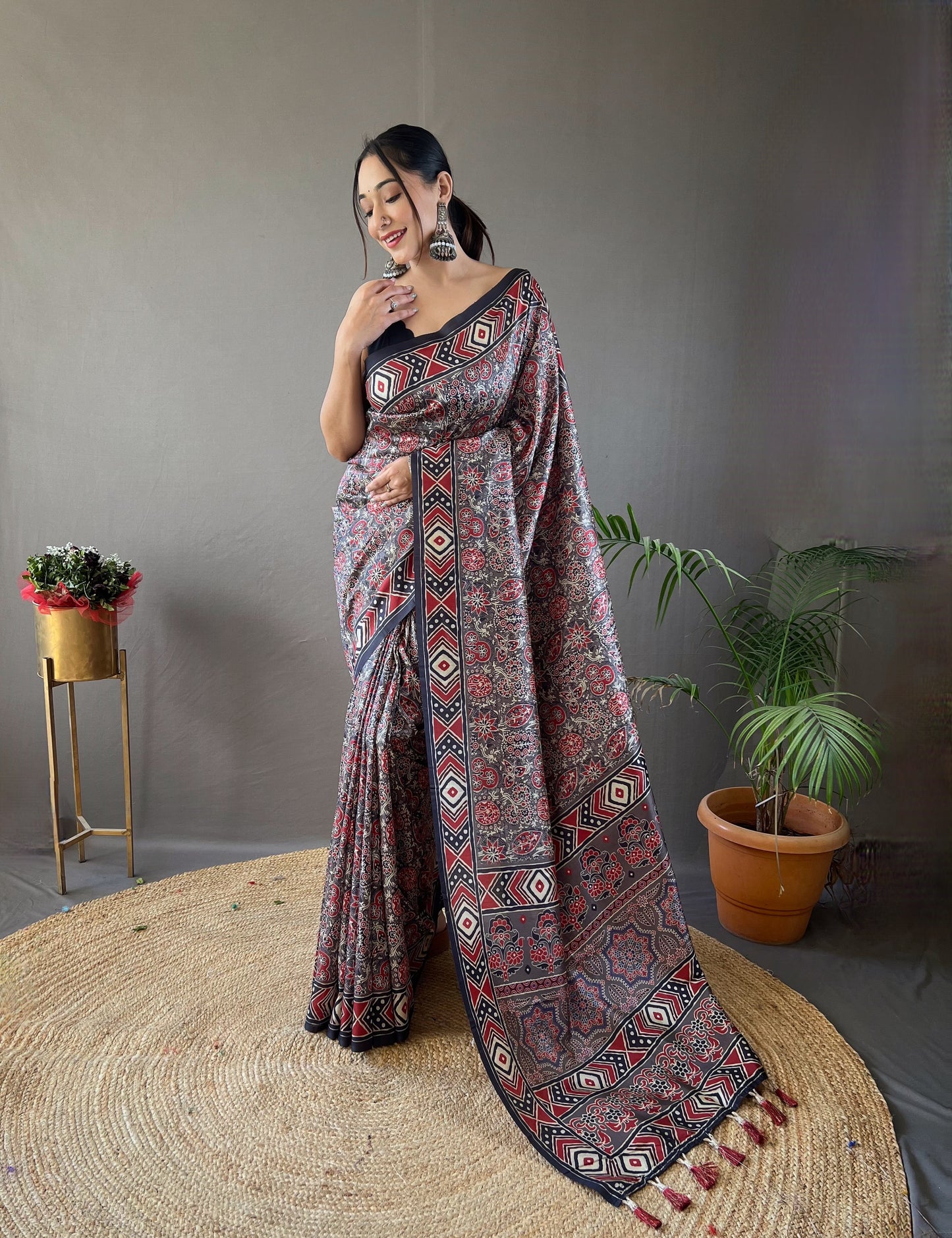 Floral Print Grey Color Saree with Tassels