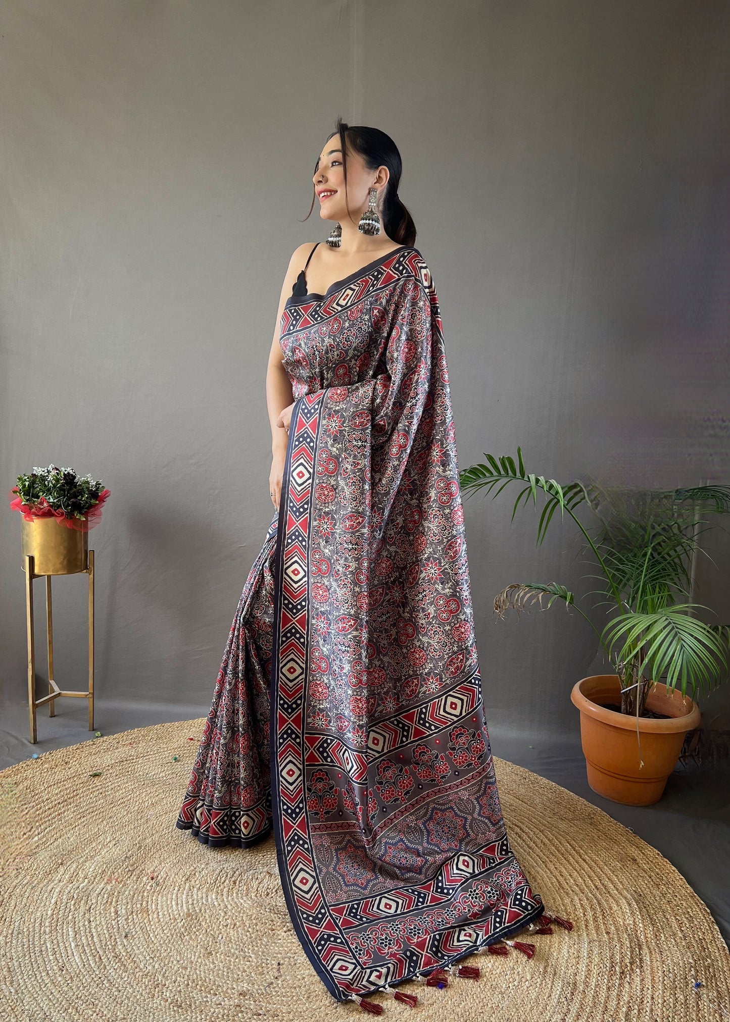 Floral Print Grey Color Saree with Tassels