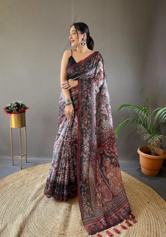 Grey Floral Printed Saree with Blouse Piece