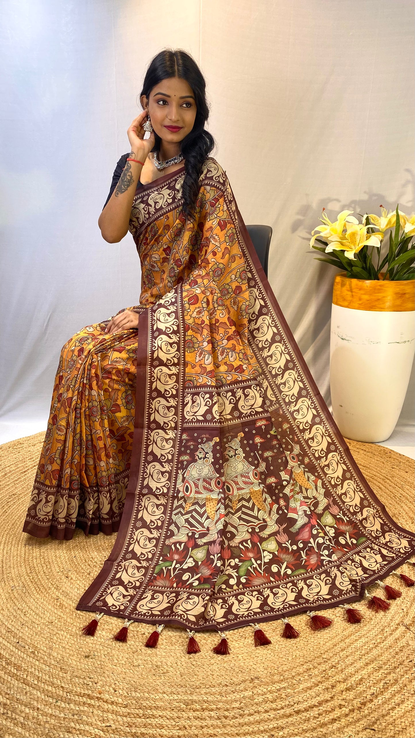 Stylish Soft Cotton Chanderi Sarees with Kalamkari Digital Print and Tassels