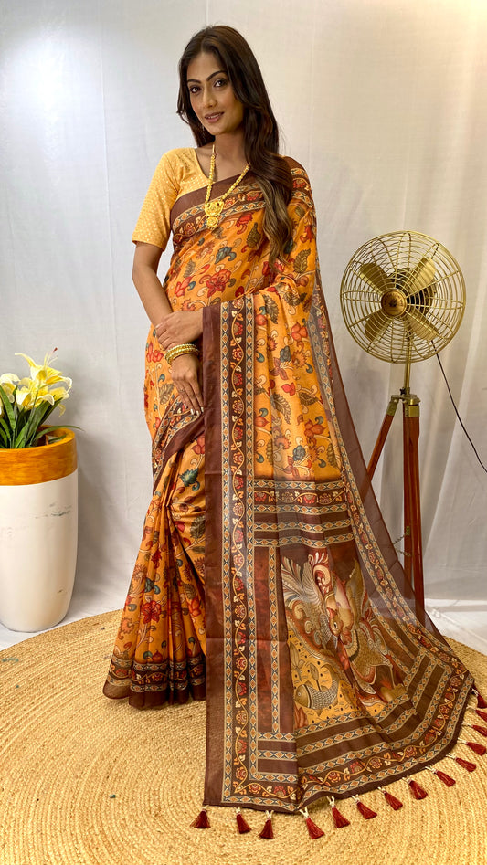 Breathtaking Orange Color Malai Cotton Saree with Kalamkari Patterns