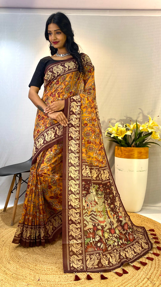 Stylish Soft Cotton Chanderi Sarees with Kalamkari Digital Print and Tassels