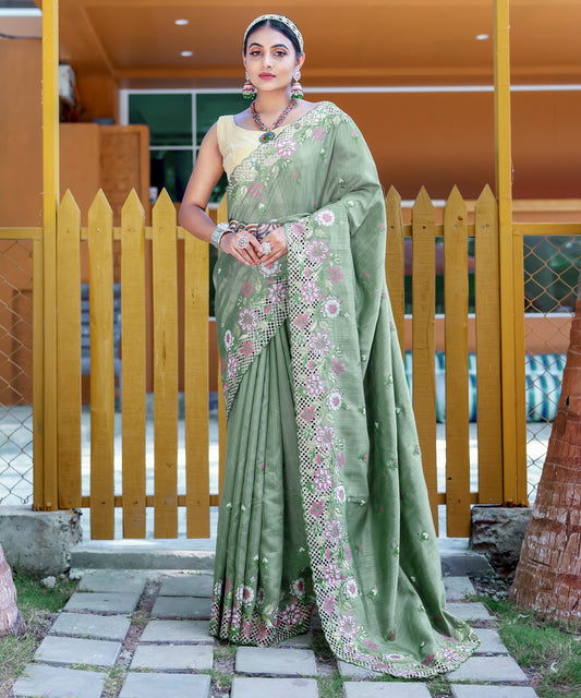 Green Floral Embroidered Pure Silk Saree