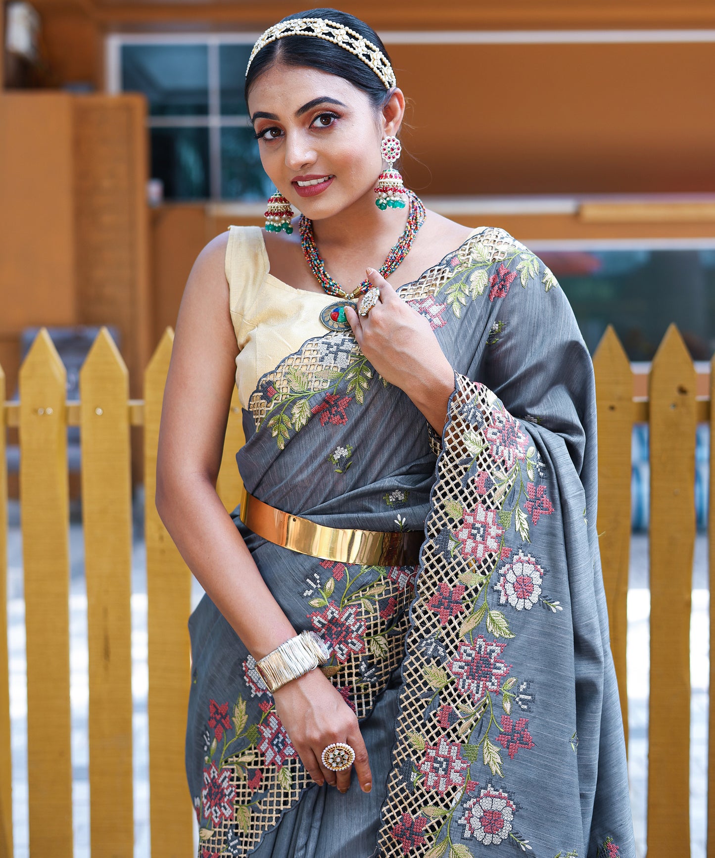 Grey Floral Embroidered Pure Silk Saree