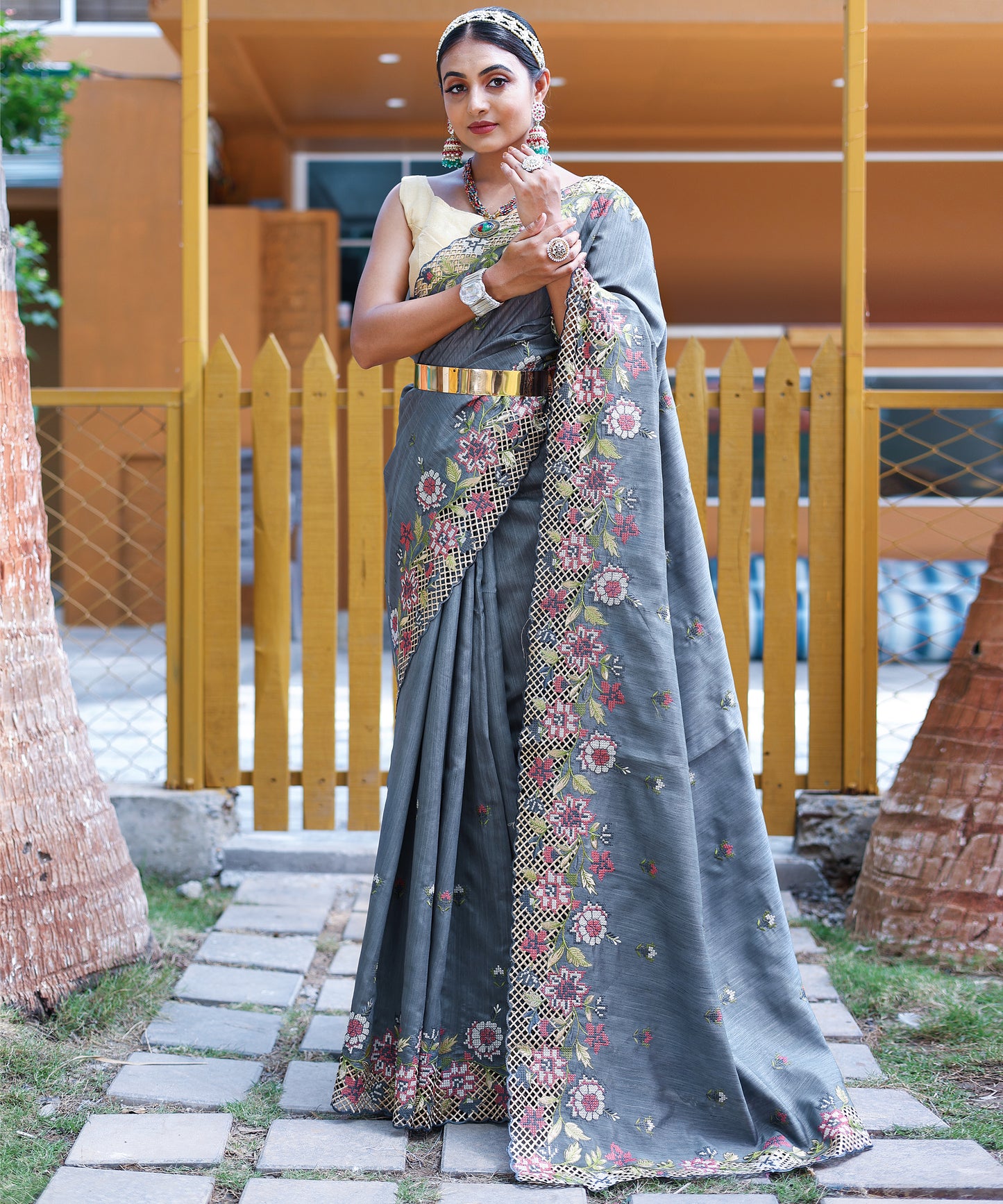 Grey Floral Embroidered Pure Silk Saree