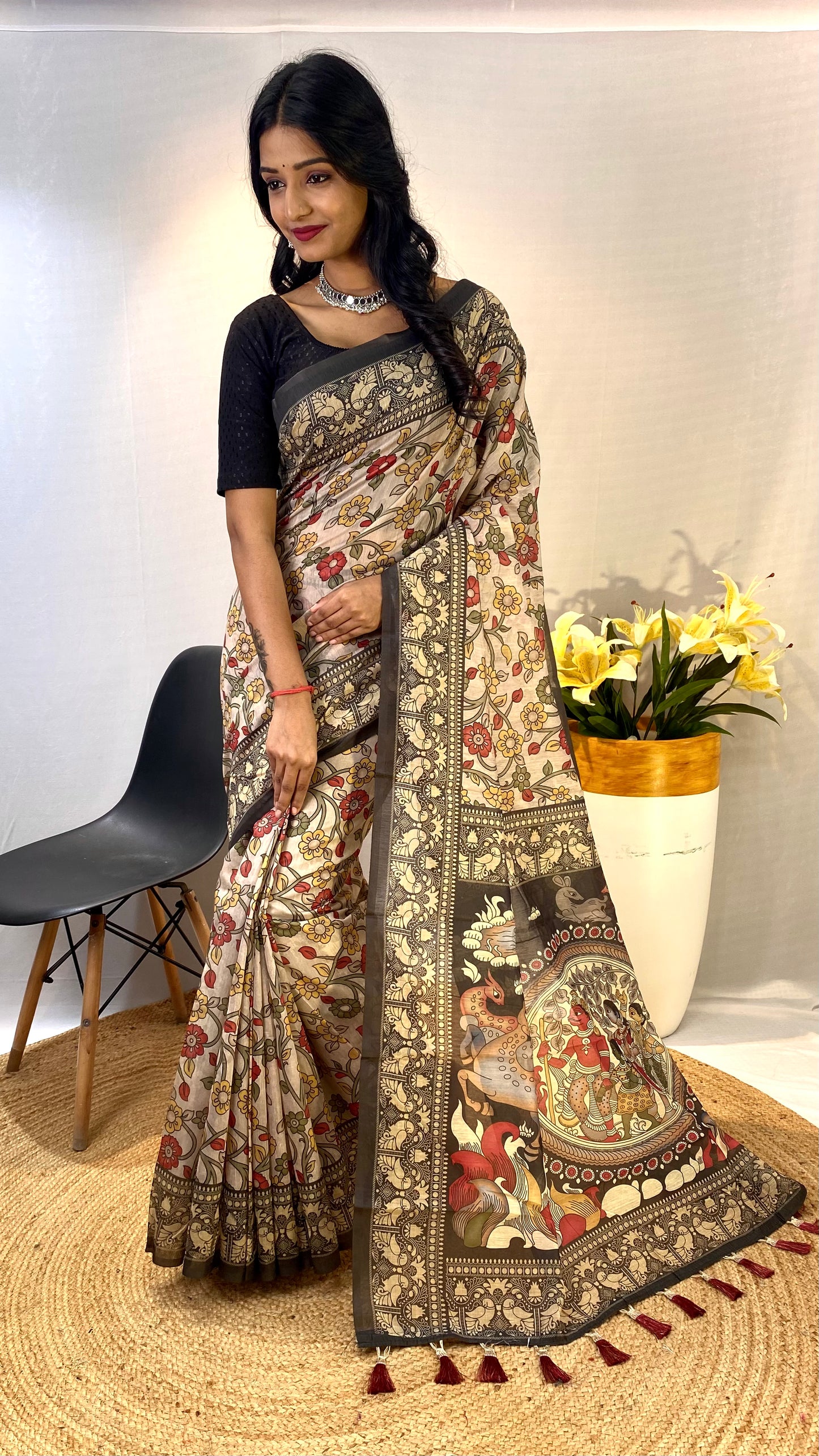 Stylish Soft Cotton Chanderi Sarees with Kalamkari Digital Print and Tassels