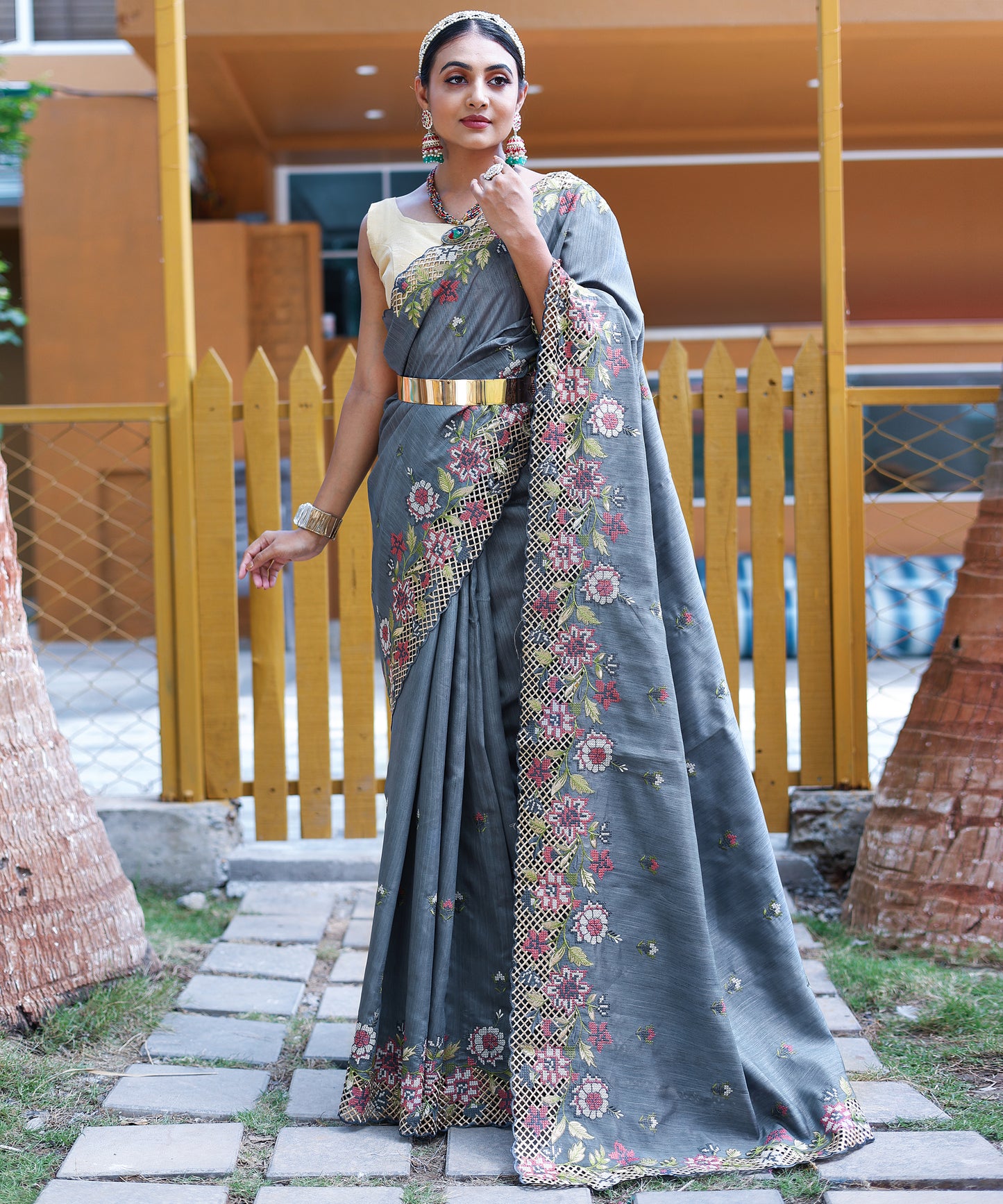 Grey Floral Embroidered Pure Silk Saree