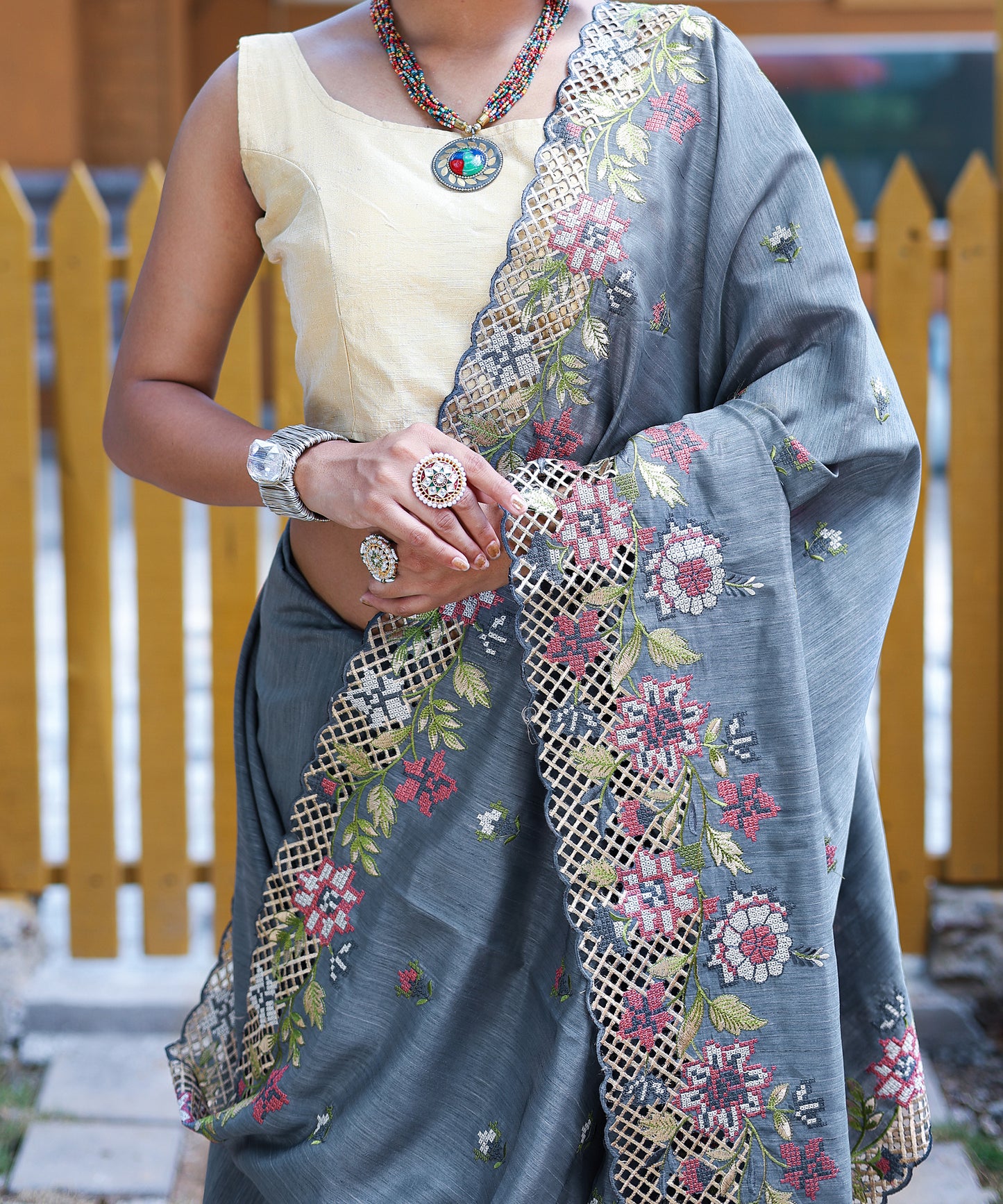 Grey Floral Embroidered Pure Silk Saree