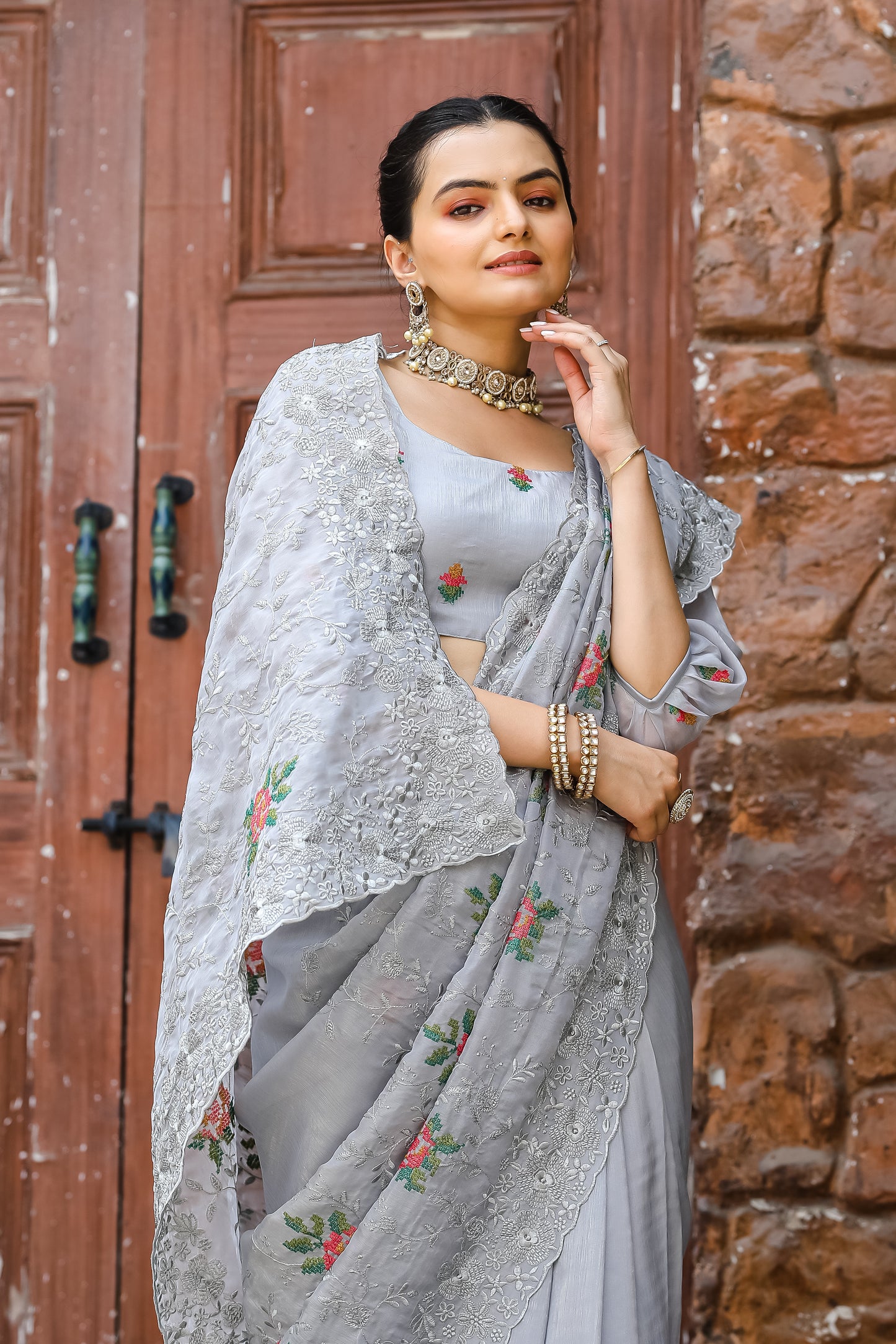 Radiant Grey Color Chiffon Saree with Zari & Embroidery Work