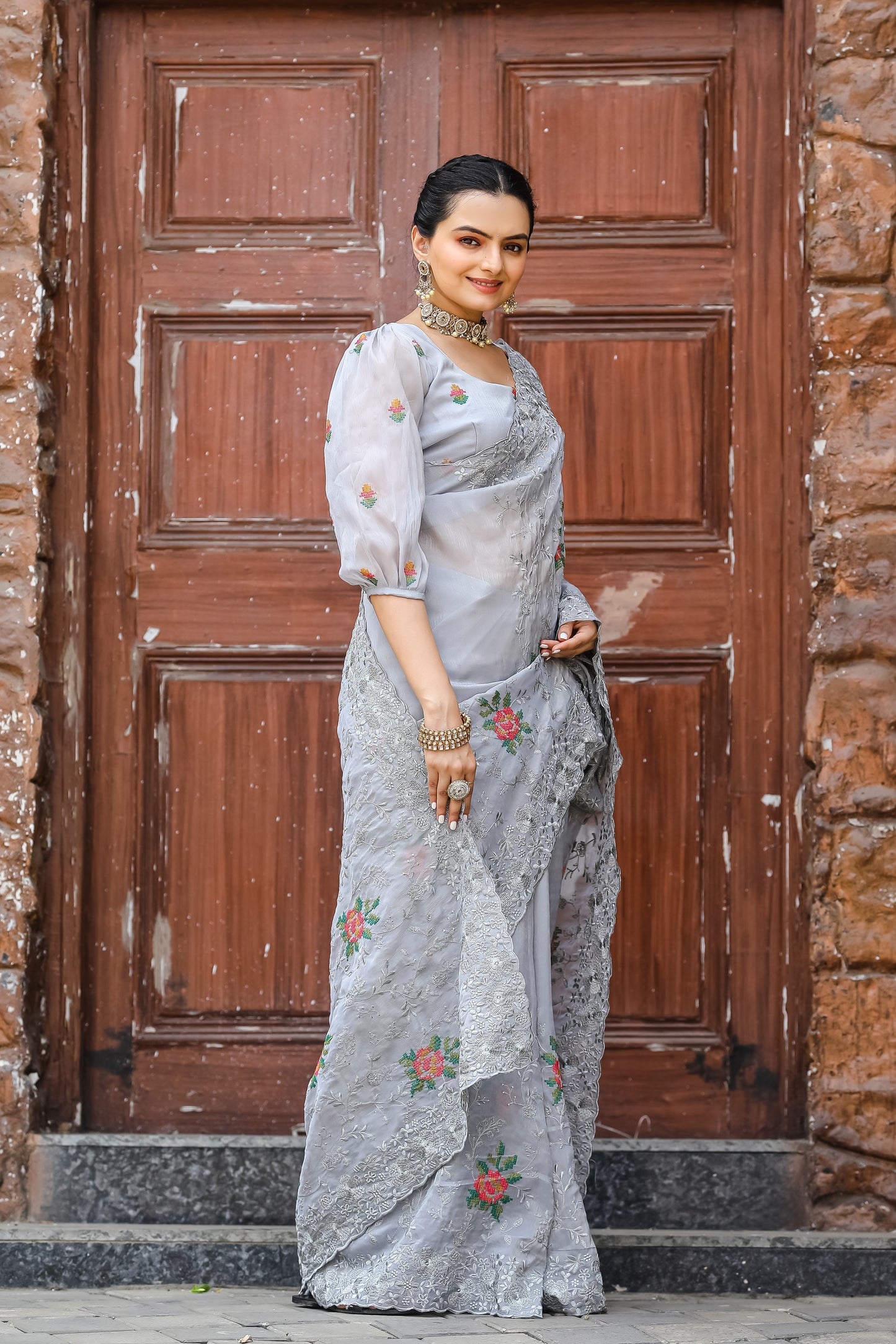 Radiant Grey Color Chiffon Saree with Zari & Embroidery Work