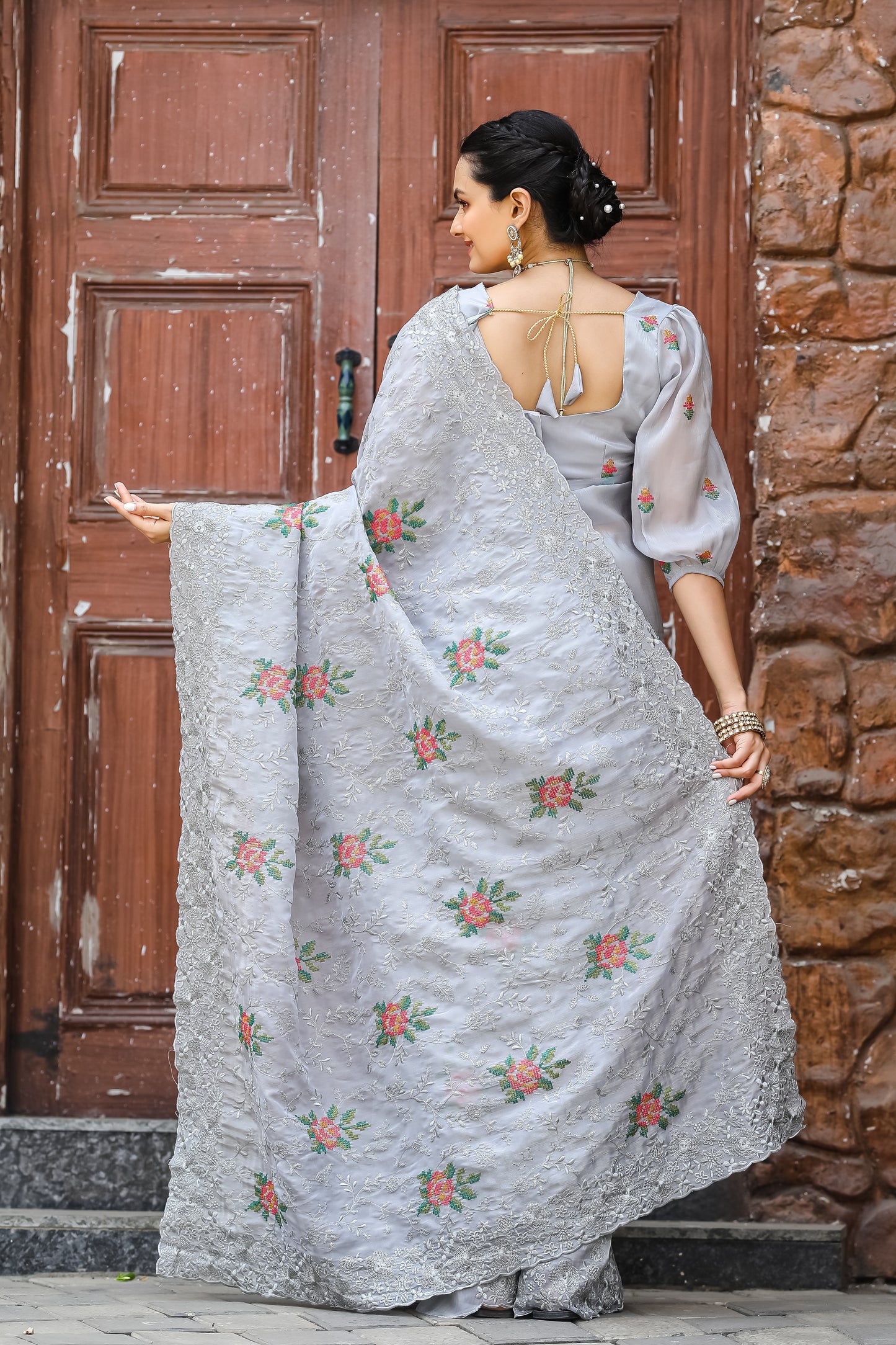 Radiant Grey Color Chiffon Saree with Zari & Embroidery Work