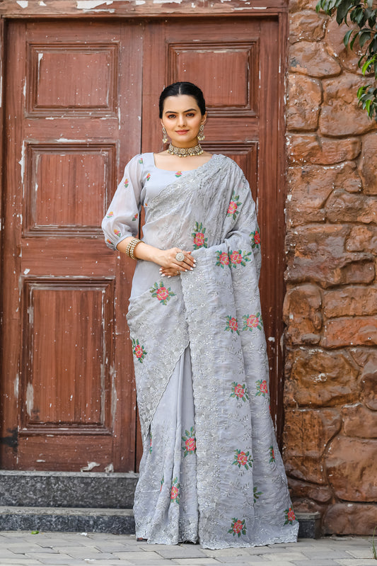 Radiant Grey Color Chiffon Saree with Zari & Embroidery Work