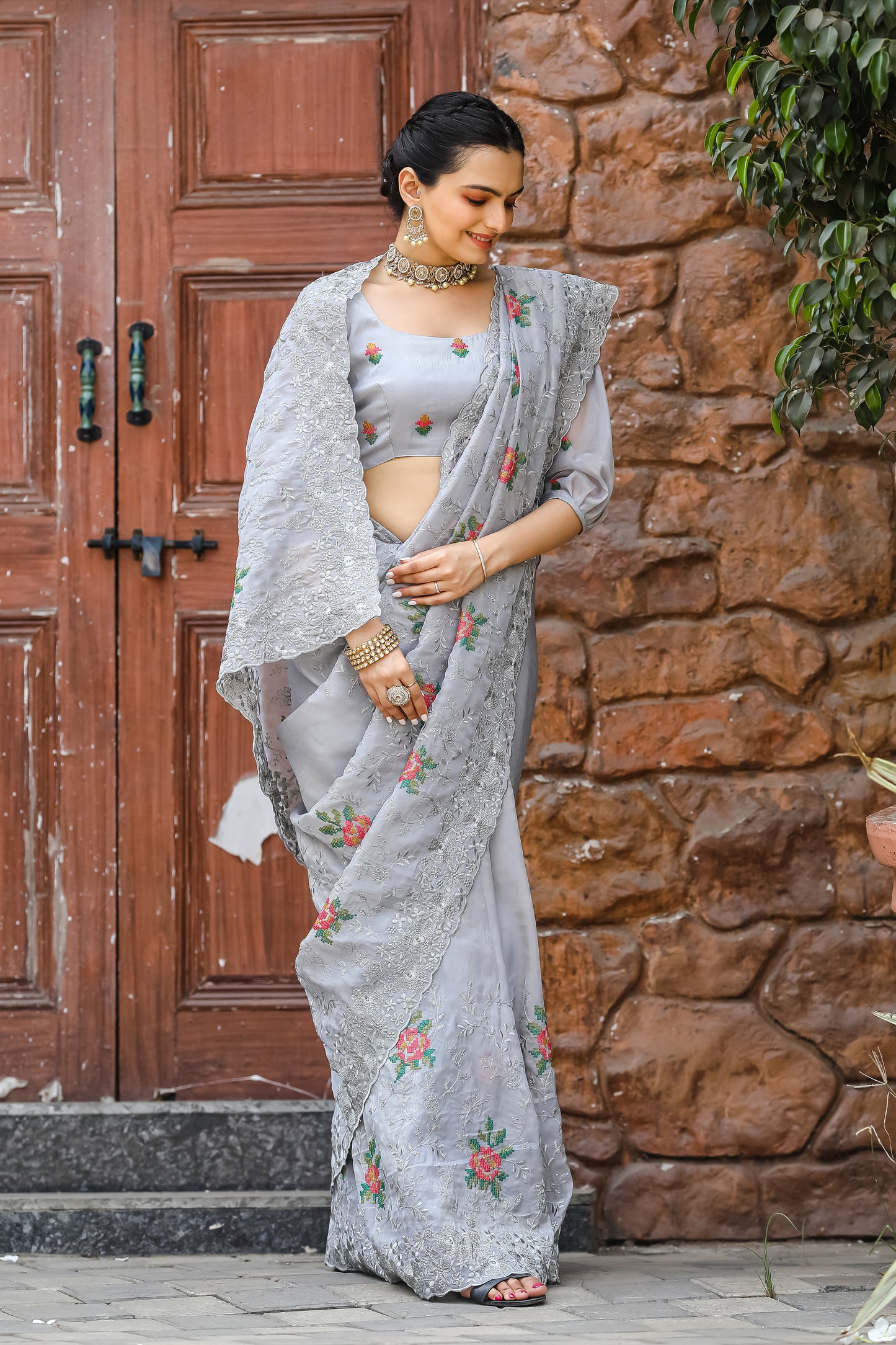 Radiant Grey Color Chiffon Saree with Zari & Embroidery Work