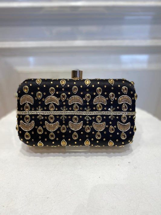 Luxury Black Poly Satin Clutch – Detachable Chain, Ideal for Weddings & Celebrations