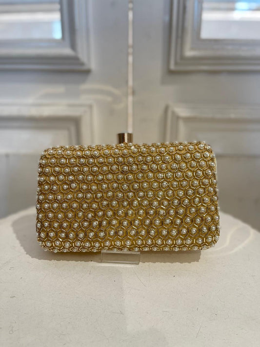 Gold Poly Satin Clutch Bag for Women – Detachable Chain, Perfect for Bridal & Party Wear