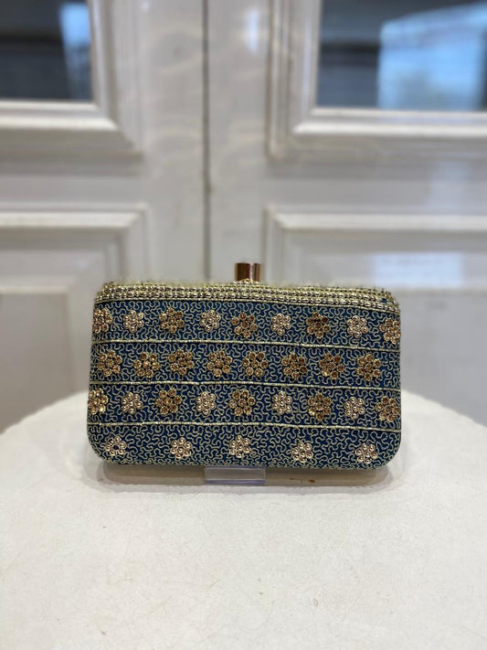 Blue Poly Satin Clutch Bag for Women – Detachable Chain, Perfect for Bridal & Party Wear