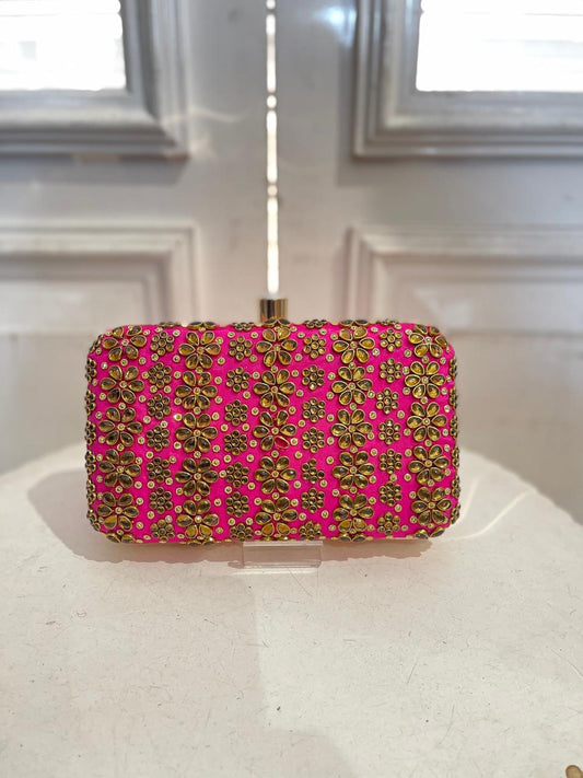 Rani Pink Poly Satin Clutch Bag for Women – Detachable Chain, Perfect for Bridal & Party Wear