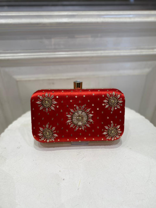 Red Poly Satin Clutch Bag for Women – Detachable Chain, Perfect for Bridal & Party Wear