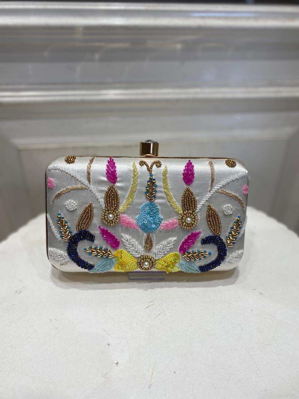 White Poly Satin Clutch Bag for Women – Detachable Chain, Perfect for Bridal & Party Wear