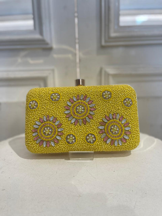 Yellow Poly Satin Clutch Bag for Women – Detachable Chain, Lightweight Party & Bridal Purse