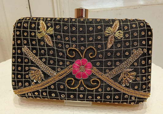 Black Poly Satin Clutch Bag for Women – Detachable Chain, Lightweight Party & Bridal Purse