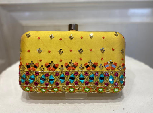 Yellow Poly Satin Clutch Bag for Women – Detachable Chain, Lightweight Party & Bridal Purse