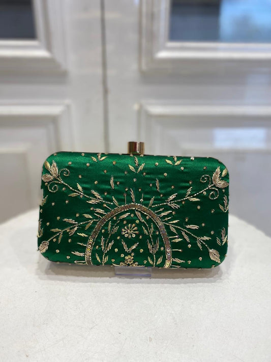 Green Poly Satin Clutch for Women – Detachable Chain
