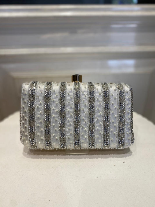 White Premium Poly Satin Clutch Bag for Women – Detachable Chain, Compact Bridal & Party Purse