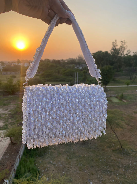 Luxury Waterfall Flap Over Clutch with Pearl Handle – Designer Bridal Clutch with Beaded Detailing