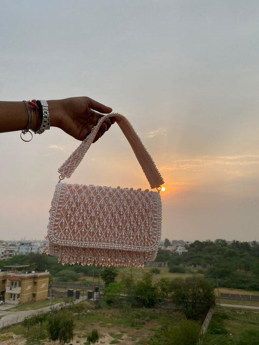 Luxury Waterfall Flap Over Clutch with Pearl Handle – Designer Bridal Clutch with Beaded Detailing
