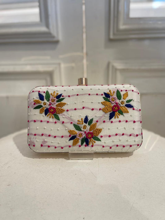Elegant White Poly Satin Clutch Bag with Detachable Chain