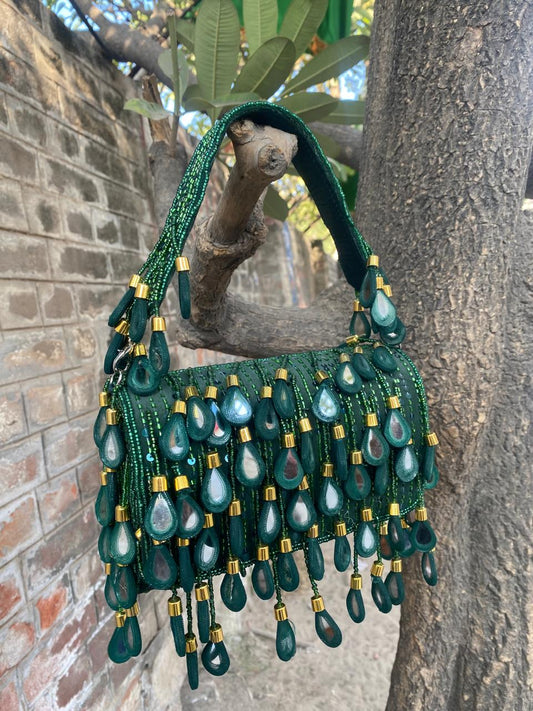 Mirror Flap Green Bag with Drop Mirror Tassel – Stylish Evening Clutch for Women