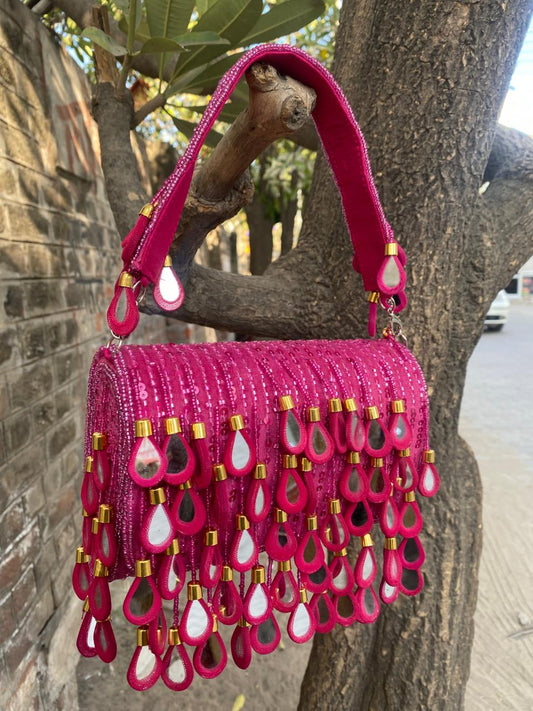 Mirror Flap Rani Pink Bag with Drop Mirror Tassel – Stylish Evening Clutch for Women