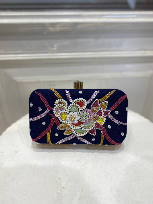 Elegant Navy Blue Poly Satin Clutch Bag with Detachable Chain